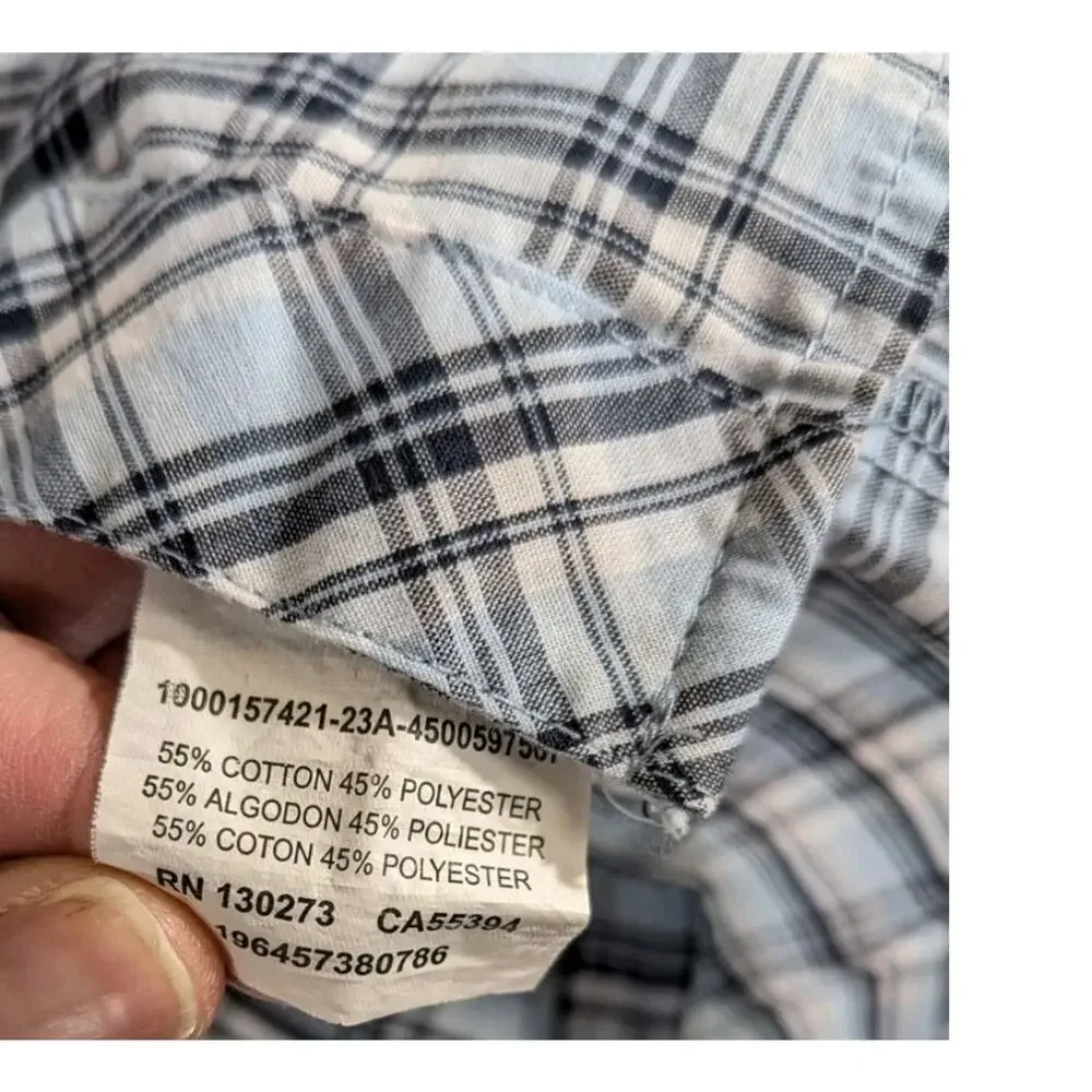 Wrangler Wrancher Pearl Snap Shirt Mens Medium Light Blue Plaid Short Sleeve